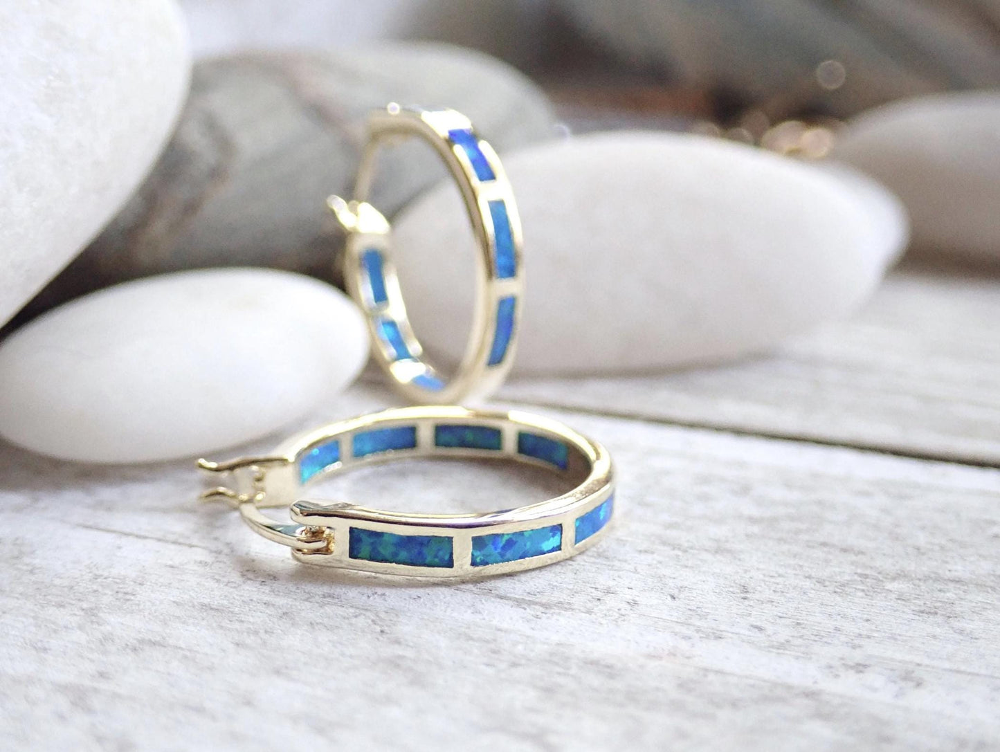 Opal Hoop Earrings, Gold Gemstone Hoops, October Birthstone Gift For Her