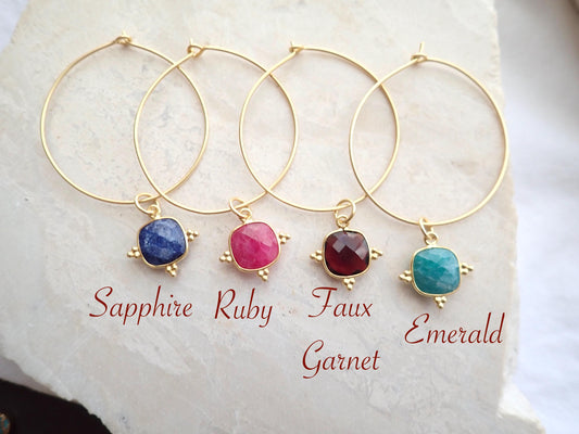 Large Gemstone Hoop Earrings Gold Vermeil, Birthstone Hoops, Emerald Ruby Sapphire Hoops, Big Boho Statement Hoops, Gift for Her