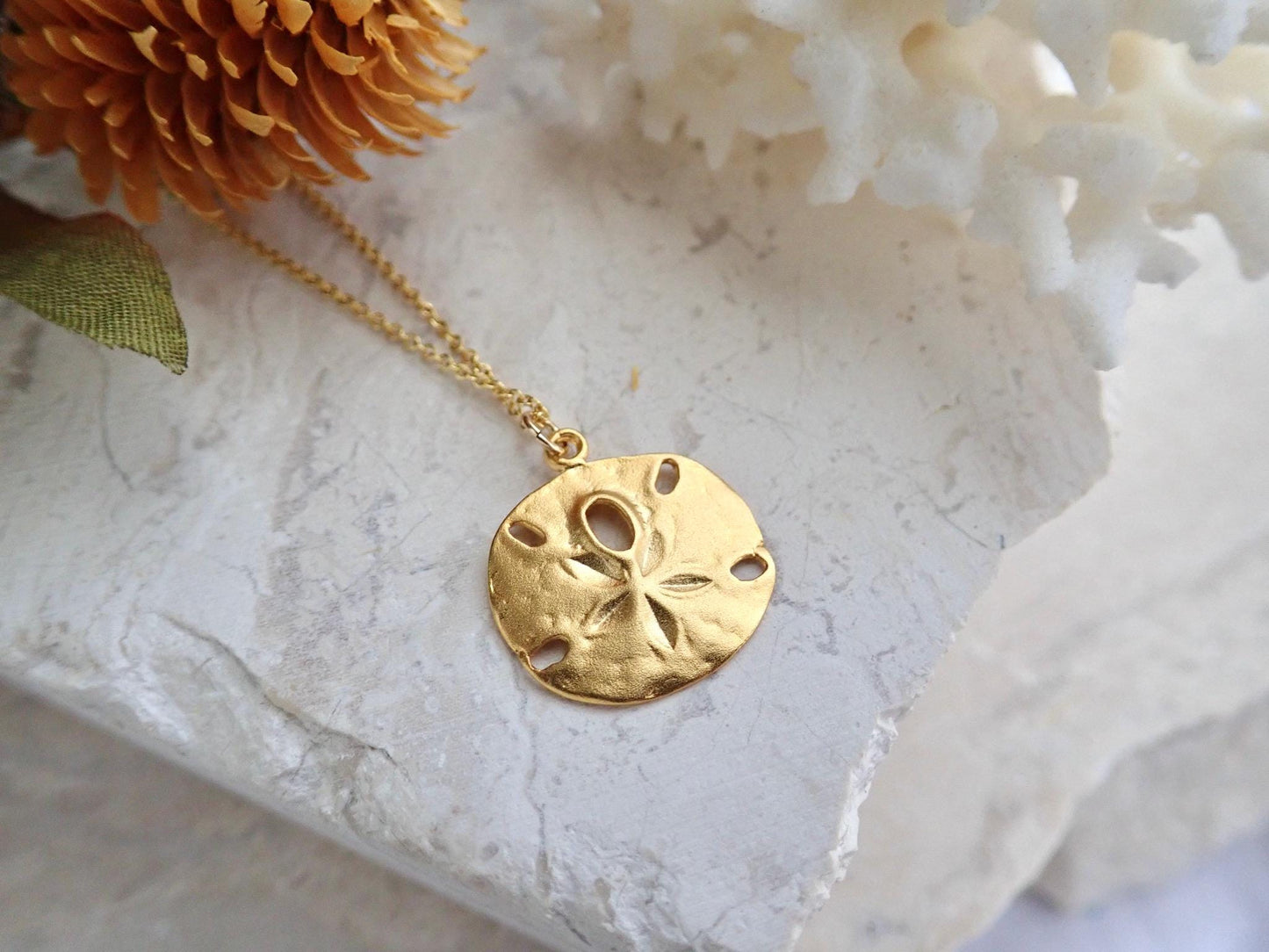 Dainty 18k Gold Sand Dollar Necklace - Gold Filled Medallion Coin Necklace - Gift for Beach Lovers