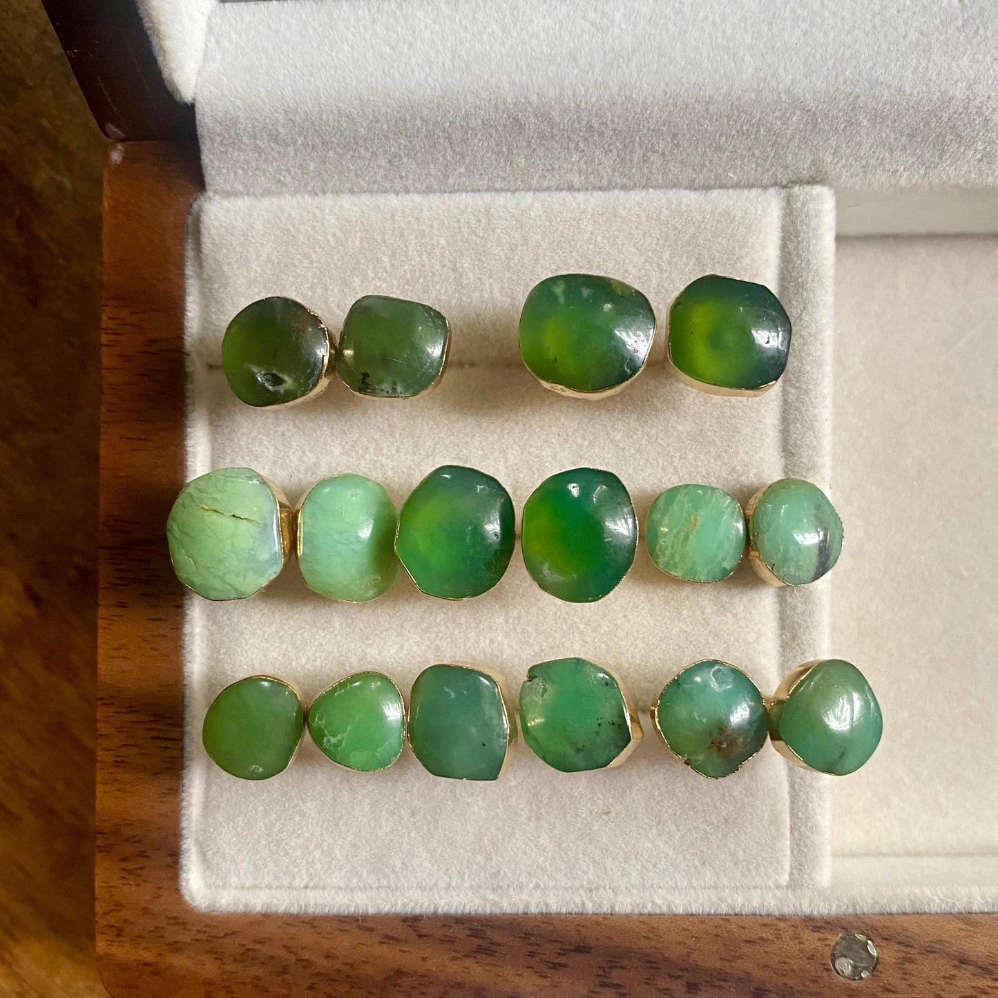 Green Chrysoprase Earrings – 14K Gold Electroplated Gemstone Stud Earrings – Handmade Gift for Her