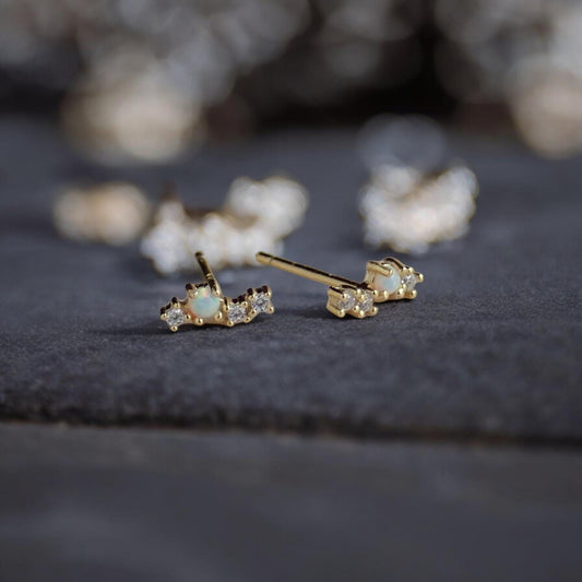 Tiny CZ Opal Climber Stud Earrings – Gold Vermeil Minimalist Ear Crawlers - Stackable Earrings, Hypo-Allergenic October Birthstone Gift