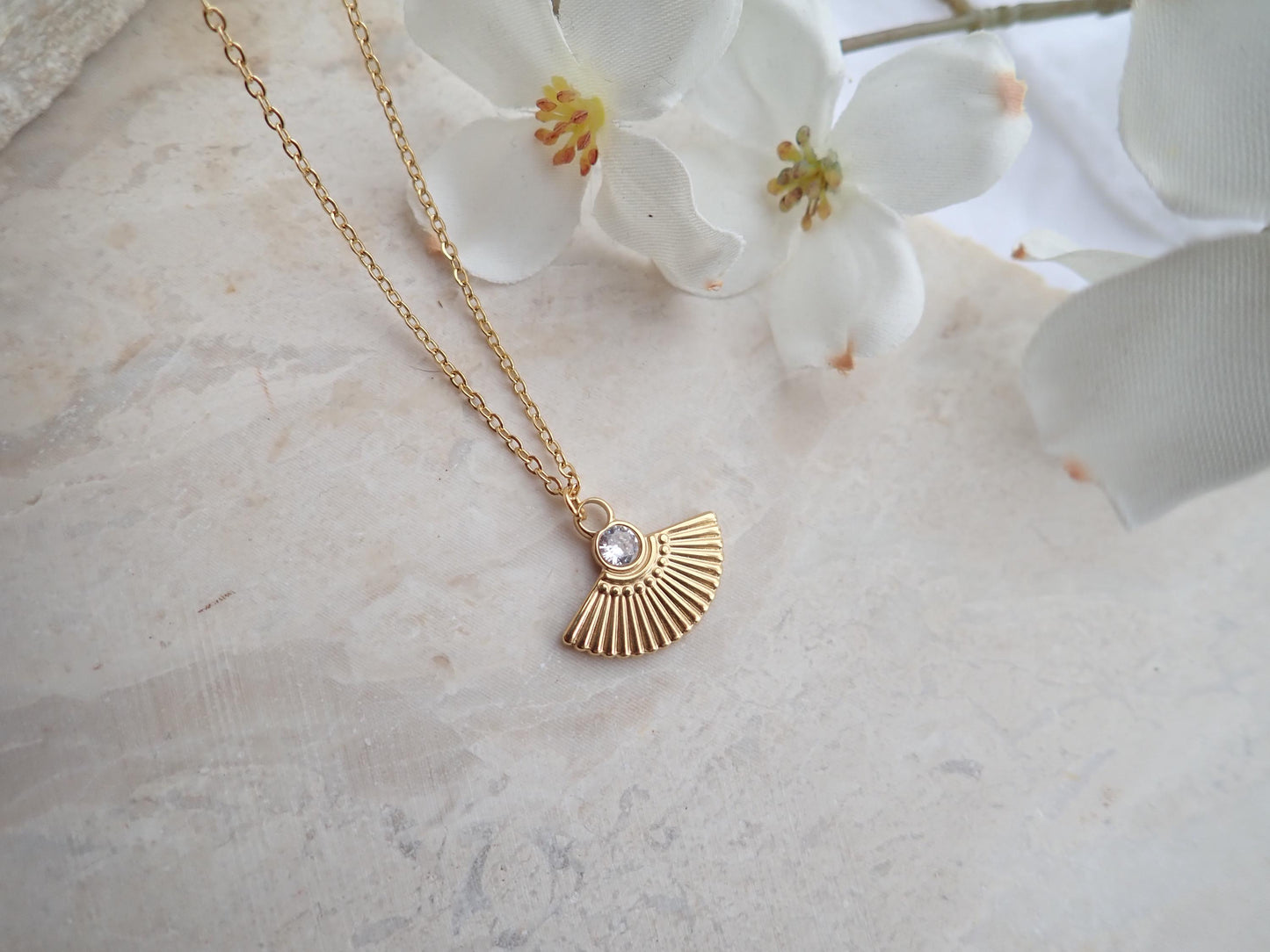 Waterproof Art Deco Fan Pendant Necklace – 18k Gold PVD Over Stainless Steel with CZ Stone