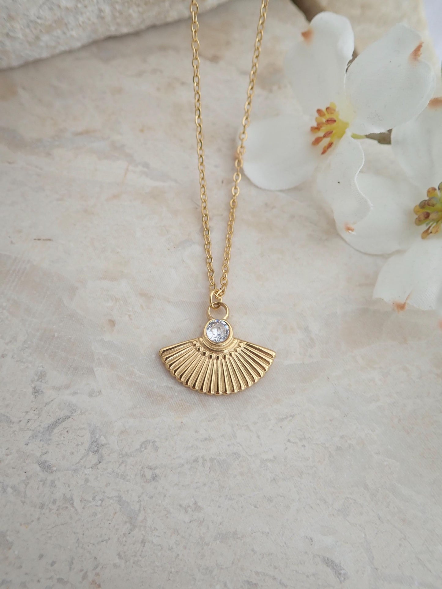 Waterproof Art Deco Fan Pendant Necklace – 18k Gold PVD Over Stainless Steel with CZ Stone