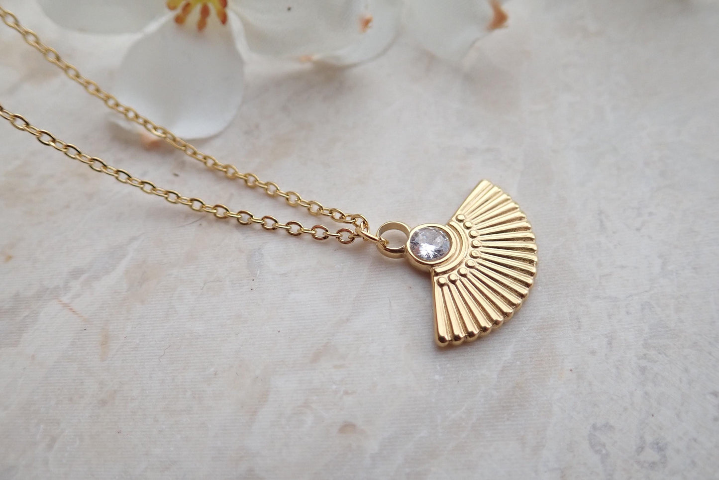 Waterproof Art Deco Fan Pendant Necklace – 18k Gold PVD Over Stainless Steel with CZ Stone
