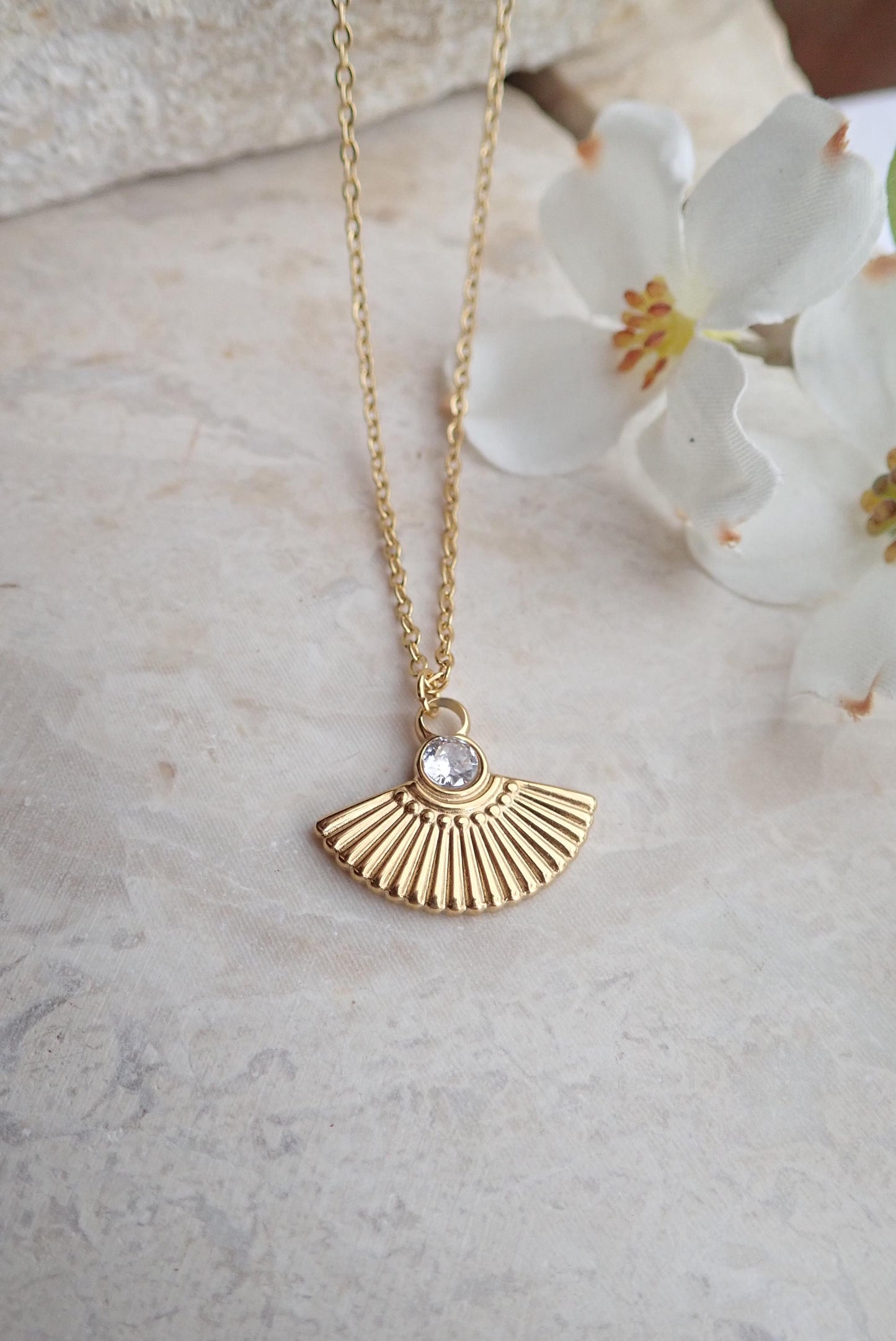 Waterproof Art Deco Fan Pendant Necklace – 18k Gold PVD Over Stainless Steel with CZ Stone