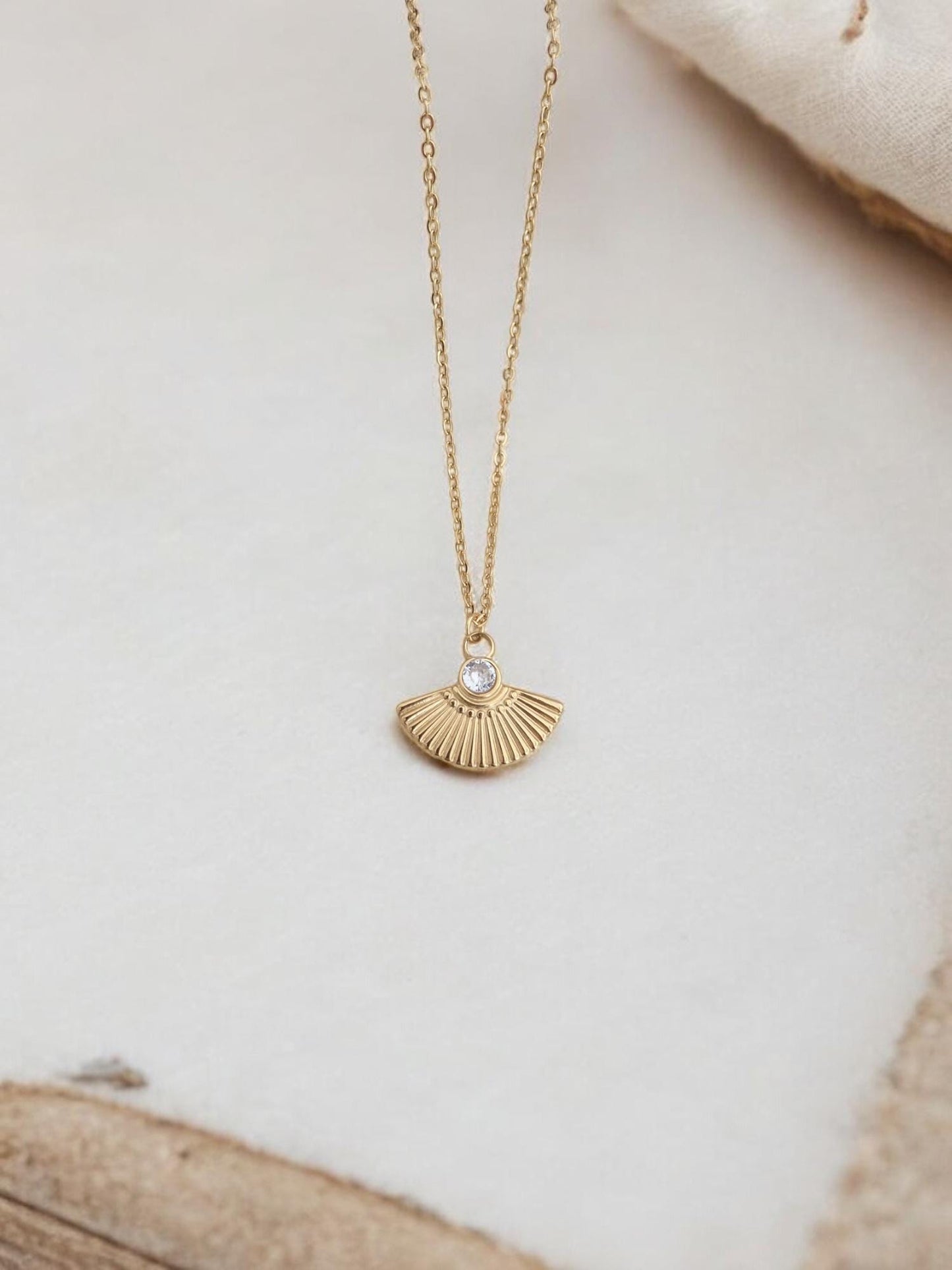 Waterproof Art Deco Fan Pendant Necklace – 18k Gold PVD Over Stainless Steel with CZ Stone