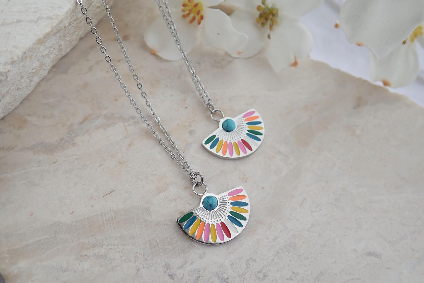 Colorful Enamel Rainbow Pendant Necklace Silver -Anti Tarnish Jewelry, Turquoise Cabachon