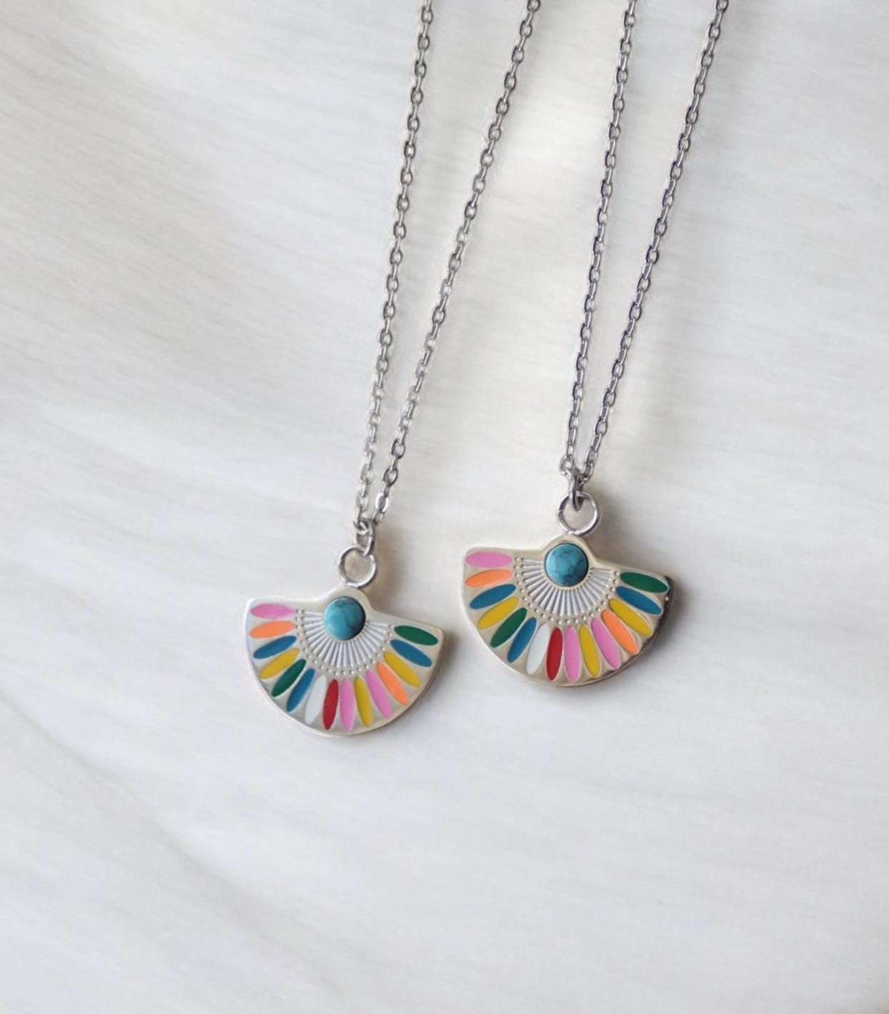 Colorful Enamel Rainbow Pendant Necklace Silver -Anti Tarnish Jewelry, Turquoise Cabachon