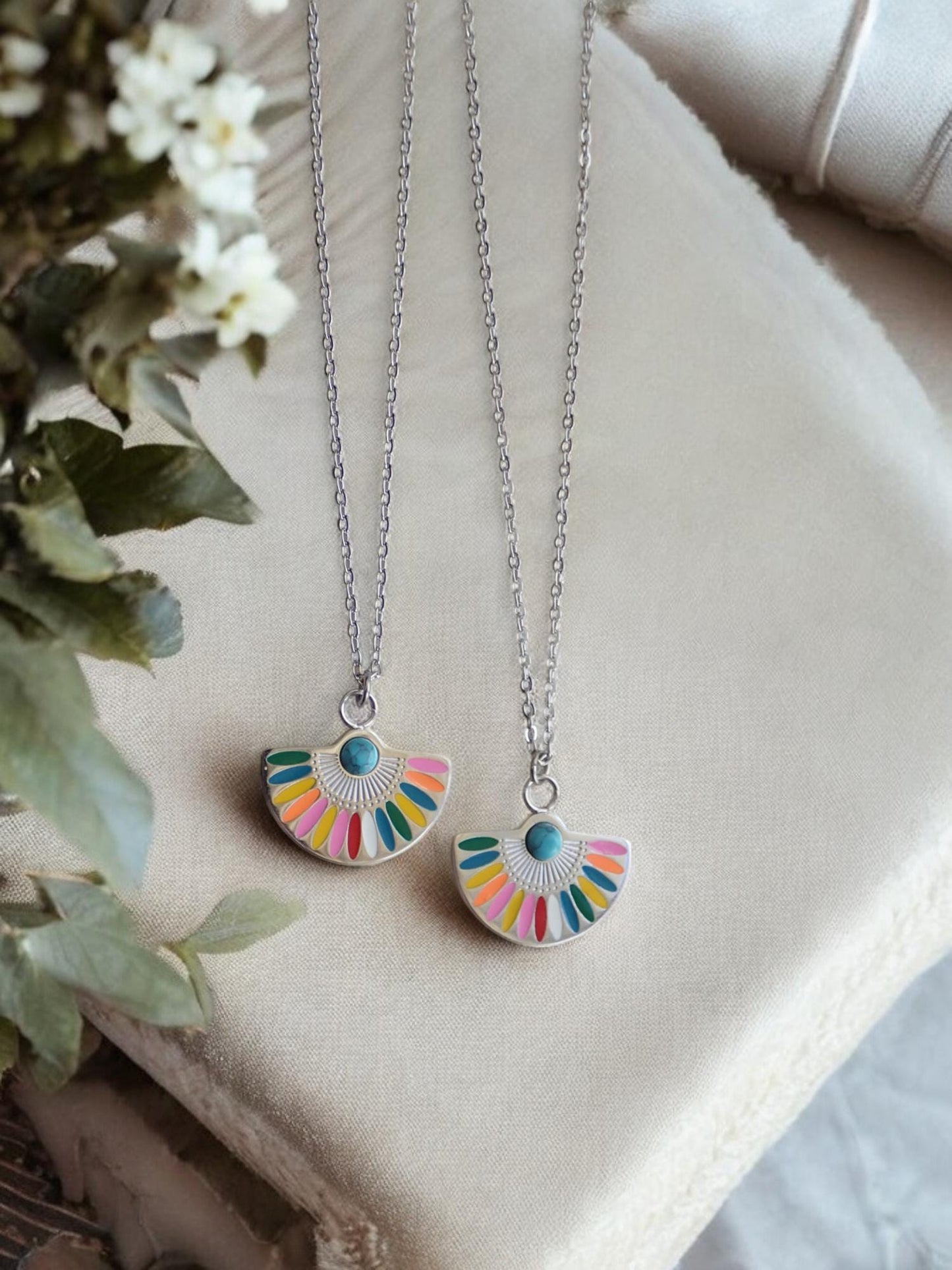 Colorful Enamel Rainbow Pendant Necklace Silver -Anti Tarnish Jewelry, Turquoise Cabachon