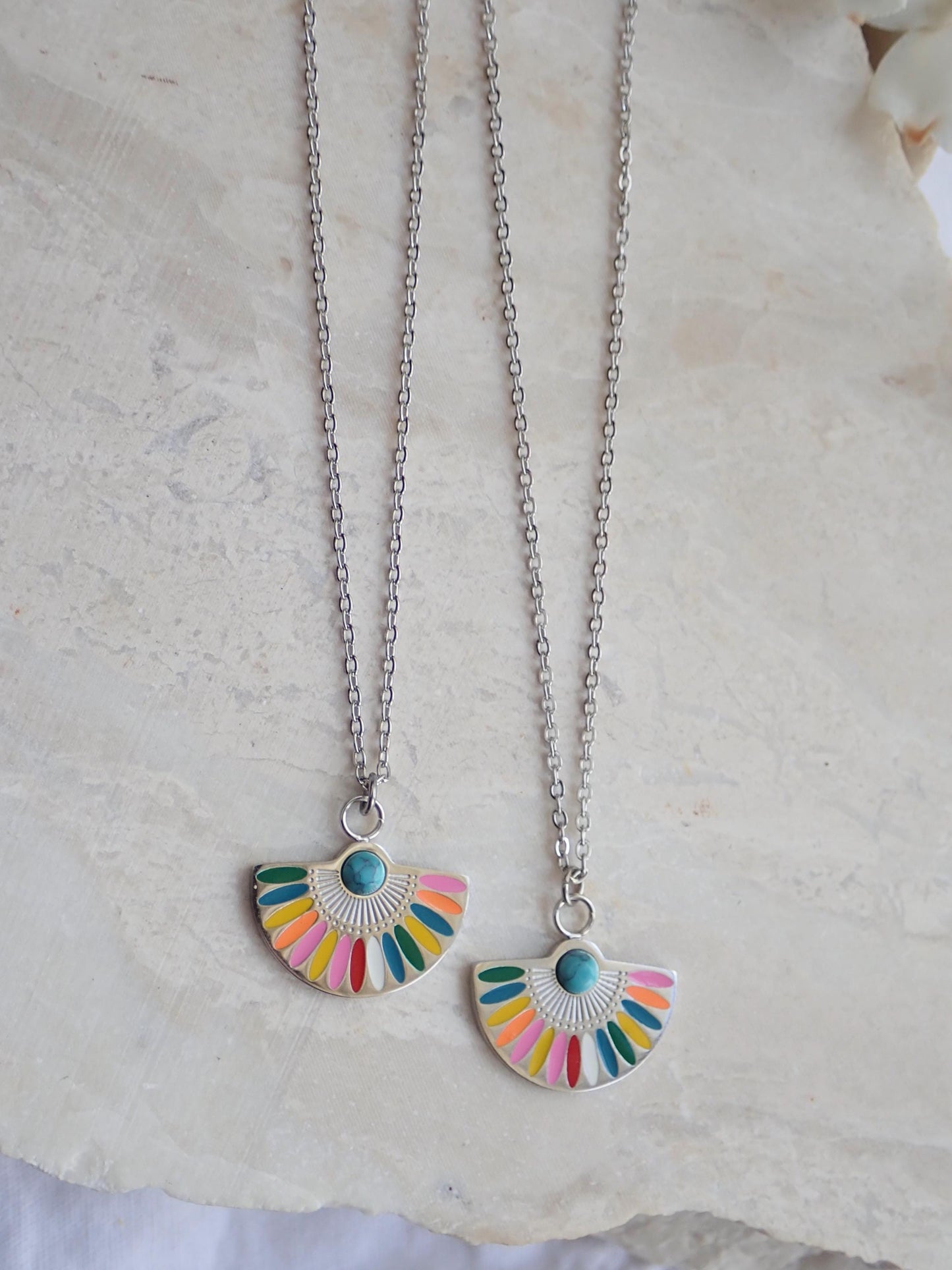 Colorful Enamel Rainbow Pendant Necklace Silver -Anti Tarnish Jewelry, Turquoise Cabachon