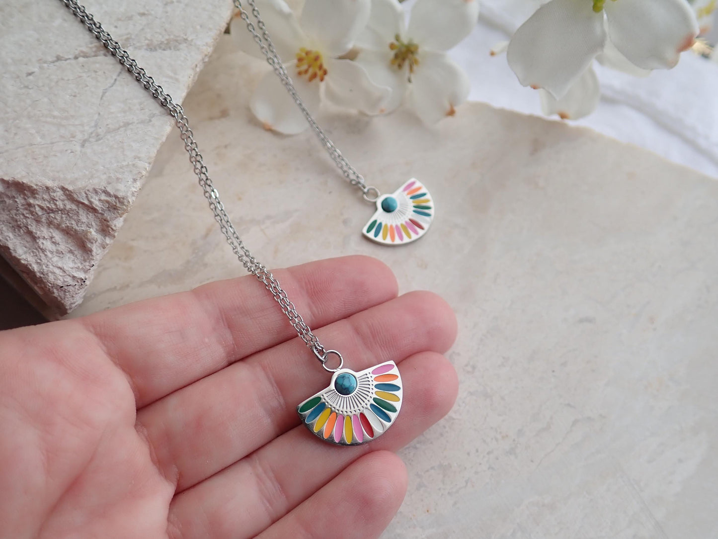 Colorful Enamel Rainbow Pendant Necklace Silver -Anti Tarnish Jewelry, Turquoise Cabachon