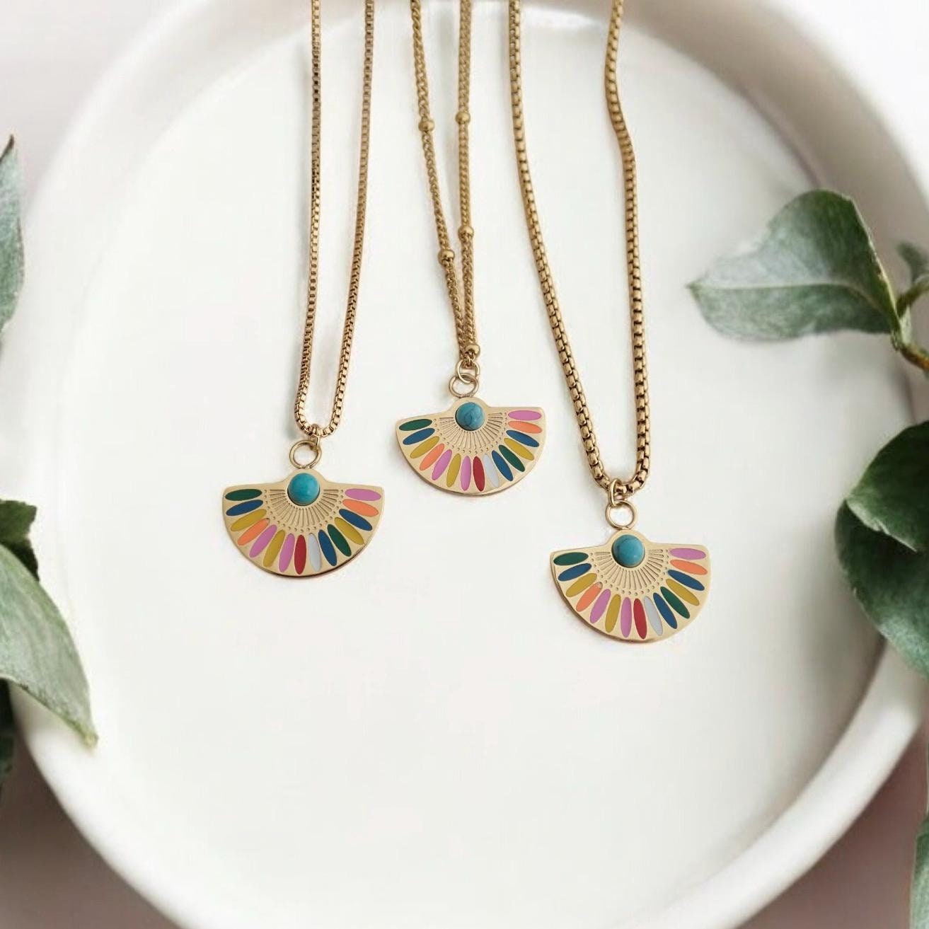 Colorful Enamel Rainbow Pendant Necklace - 18K Gold Stainless Steel PVD Jewelry, Anti Tarnish Jewelry