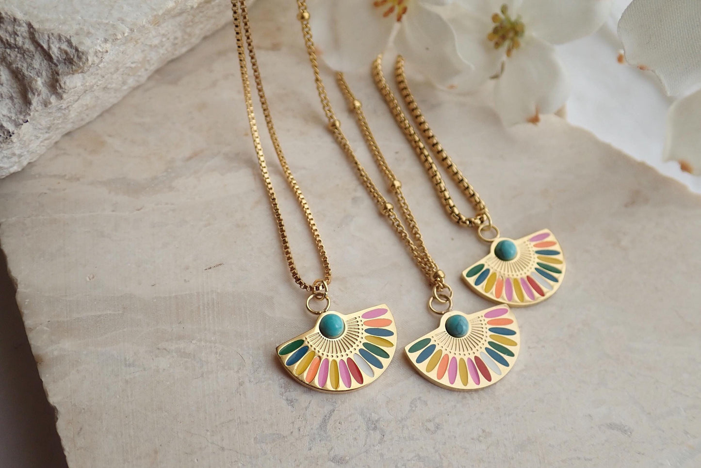 Colorful Enamel Rainbow Pendant Necklace - 18K Gold Stainless Steel PVD Jewelry, Anti Tarnish Jewelry