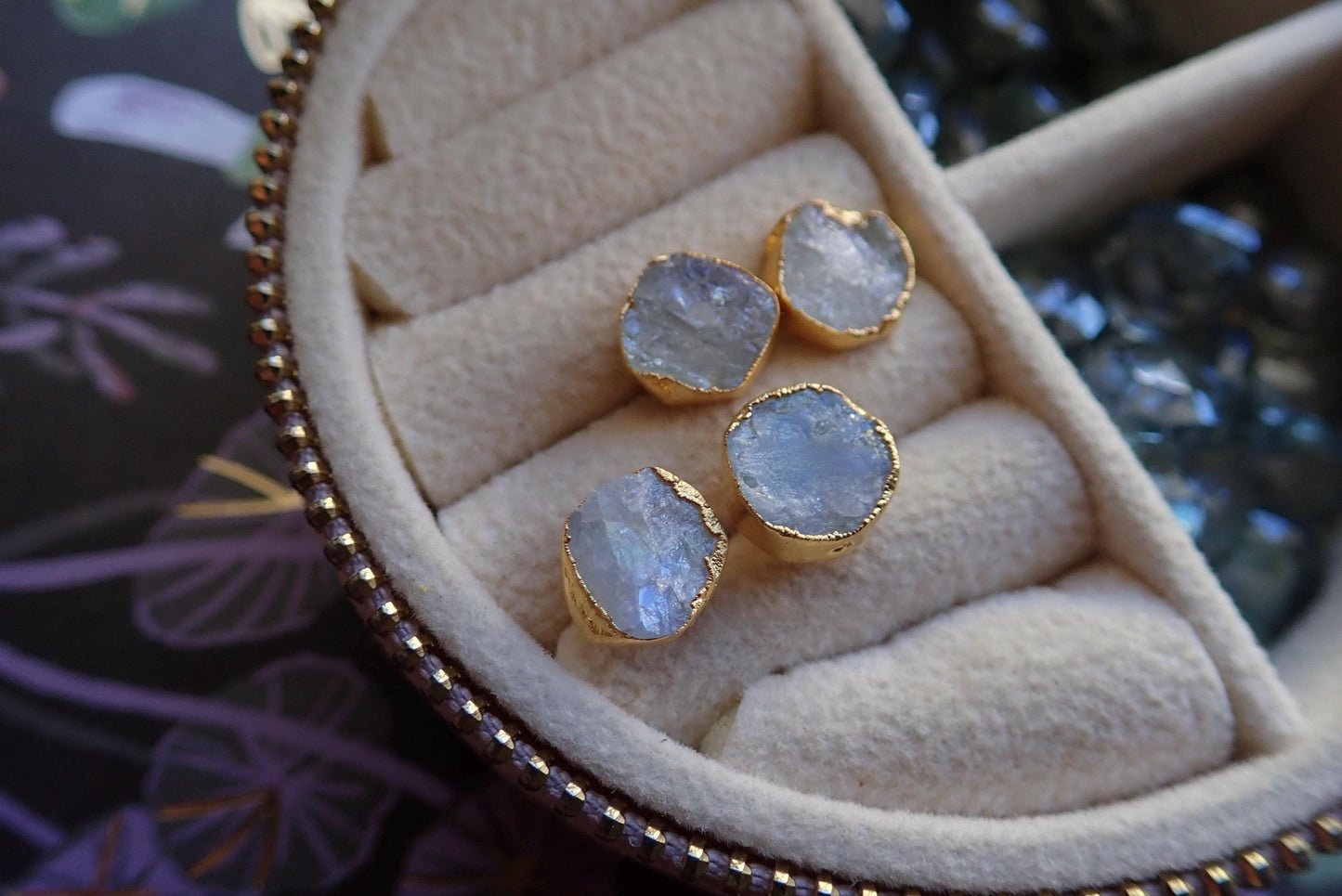 Natural Raw Gemstone Earrings – Moonstone 14k Gold Electroplated Studs