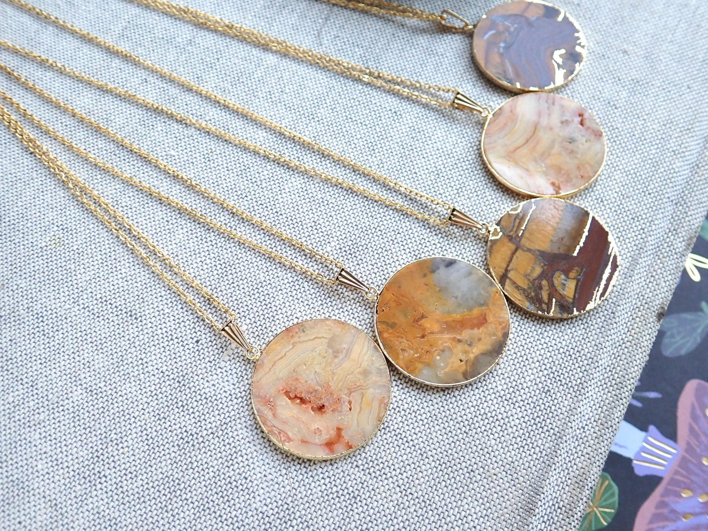 Large Lace Agate Slice Necklace – Surrounded in 14k Gold, Non-Tarnish Chain, Natural Stone Jewelry