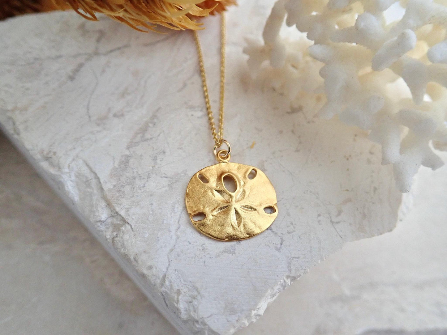 Dainty 18k Gold Sand Dollar Necklace - Gold Filled Medallion Coin Necklace - Gift for Beach Lovers
