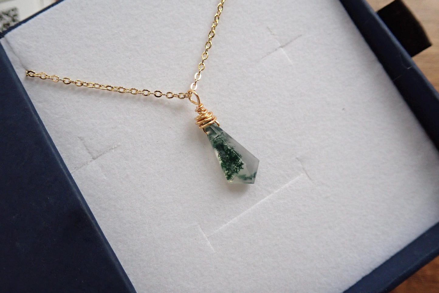 Moss Agate Pendant Necklace - 18 Gold Fill Kite Shaped Gemstone