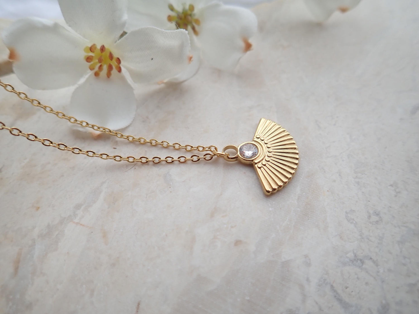 Waterproof Art Deco Fan Pendant Necklace – 18k Gold PVD Over Stainless Steel with CZ Stone