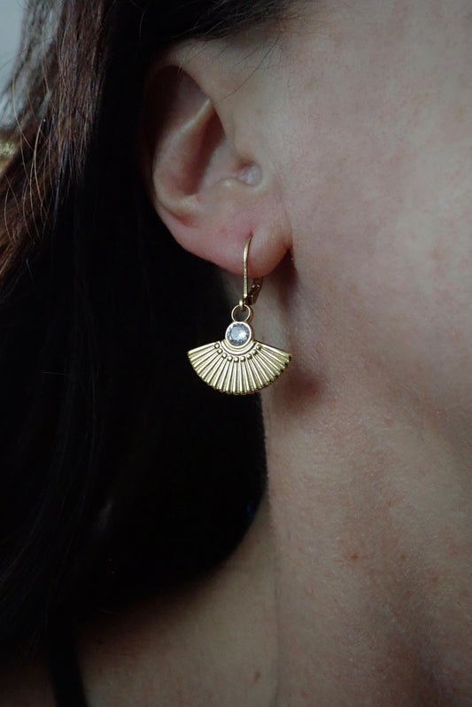 Gold Fan Charm Hoops Earrings- CZ Crystal WATERPROOF Dangle Hoops -Non Tarnish Jewelry, PVD Stainless Steel