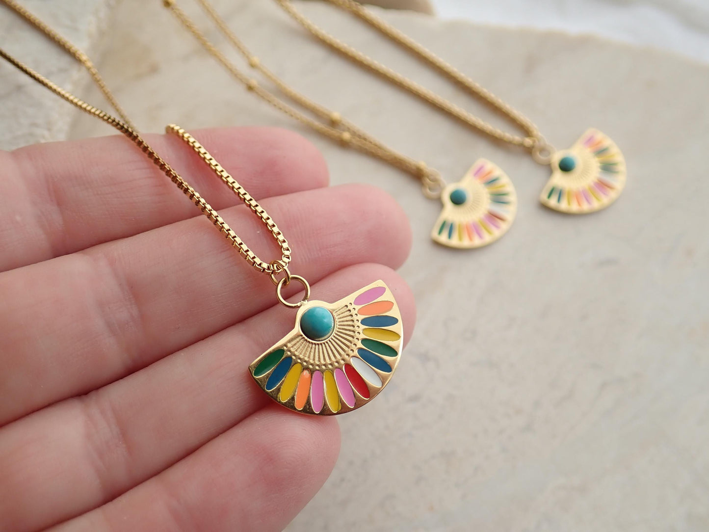 Colorful Enamel Rainbow Pendant Necklace - 18K Gold Stainless Steel PVD Jewelry, Anti Tarnish Jewelry