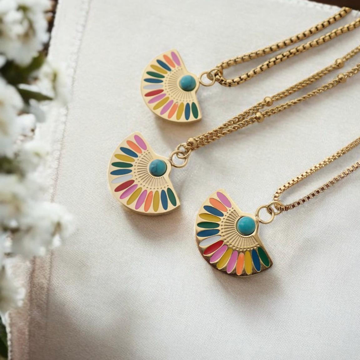 Colorful Enamel Rainbow Pendant Necklace - 18K Gold Stainless Steel PVD Jewelry, Anti Tarnish Jewelry