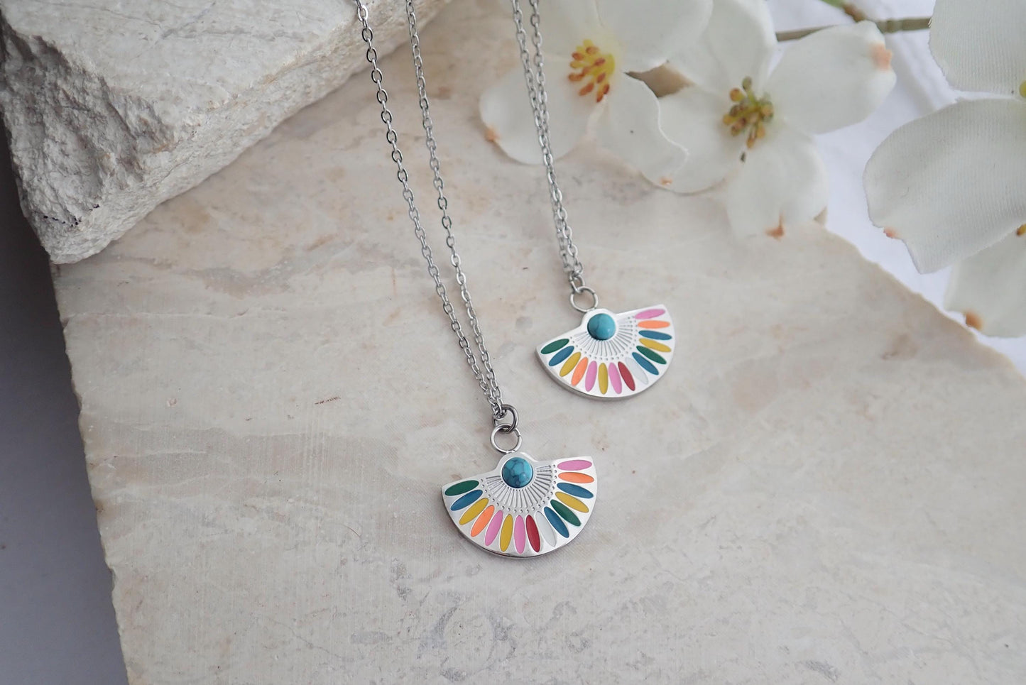 Colorful Enamel Rainbow Pendant Necklace Silver -Anti Tarnish Jewelry, Turquoise Cabachon