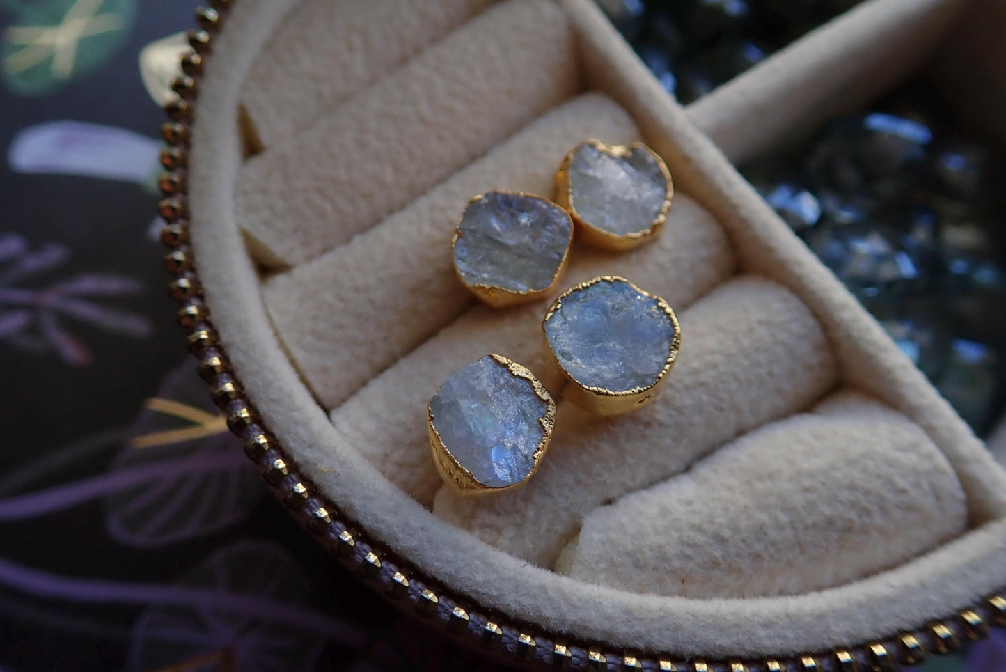 Natural Raw Gemstone Earrings – Moonstone 14k Gold Electroplated Studs