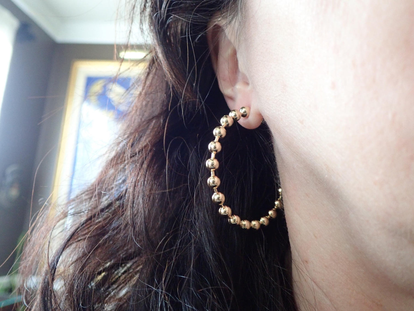 Large Gold Ball Chain Hoop Earrings – 18k Gold Over Stainless Steel, Bold No-Tarnish Statement Jewelry