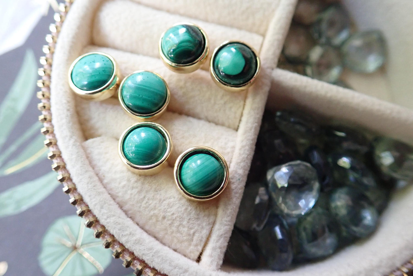 Genuine Malachite Stud Earrings – Fancy 14k Gold Bezel, Minimalist Gemstone Jewelry