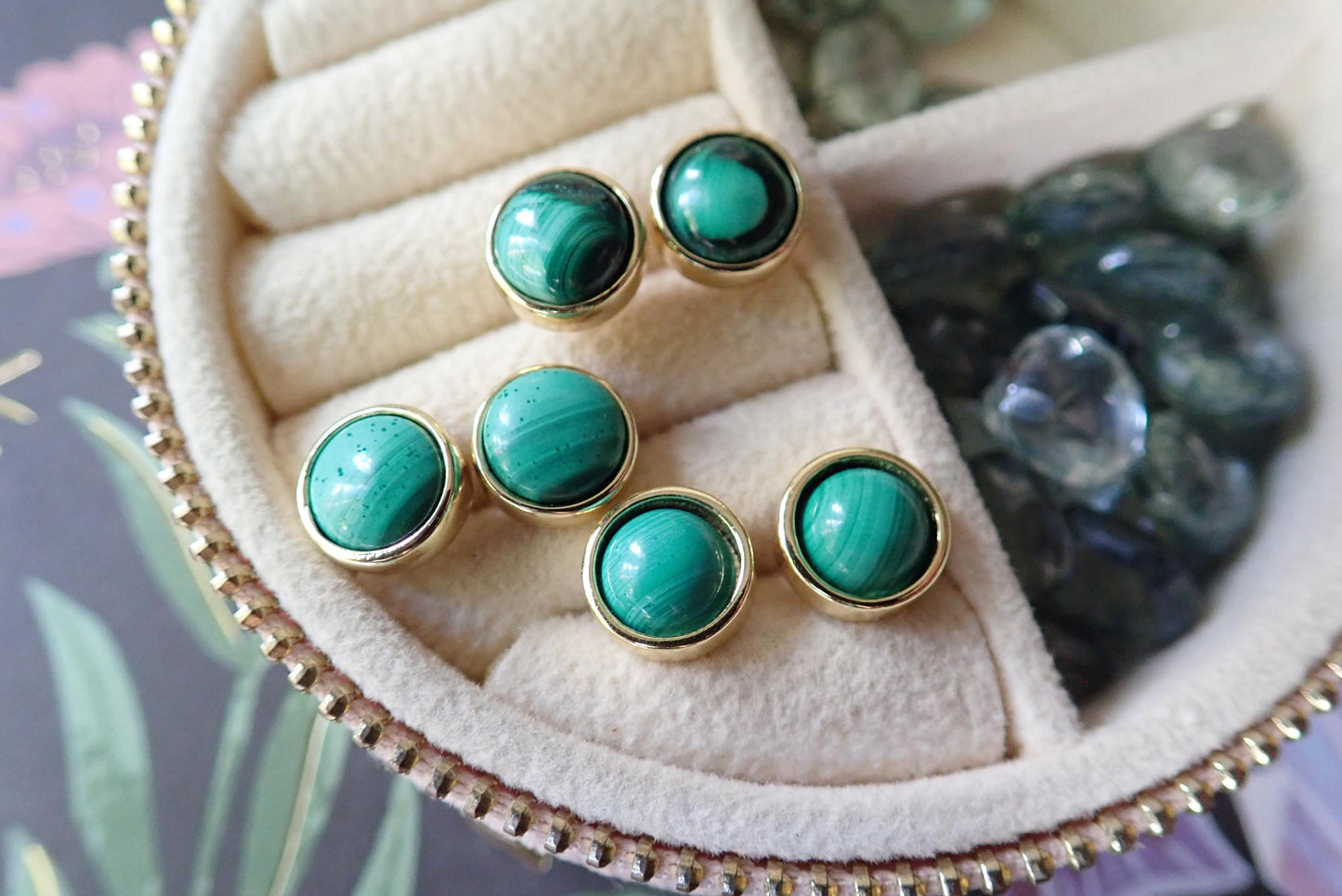 Genuine Malachite Stud Earrings – Fancy 14k Gold Bezel, Minimalist Gemstone Jewelry