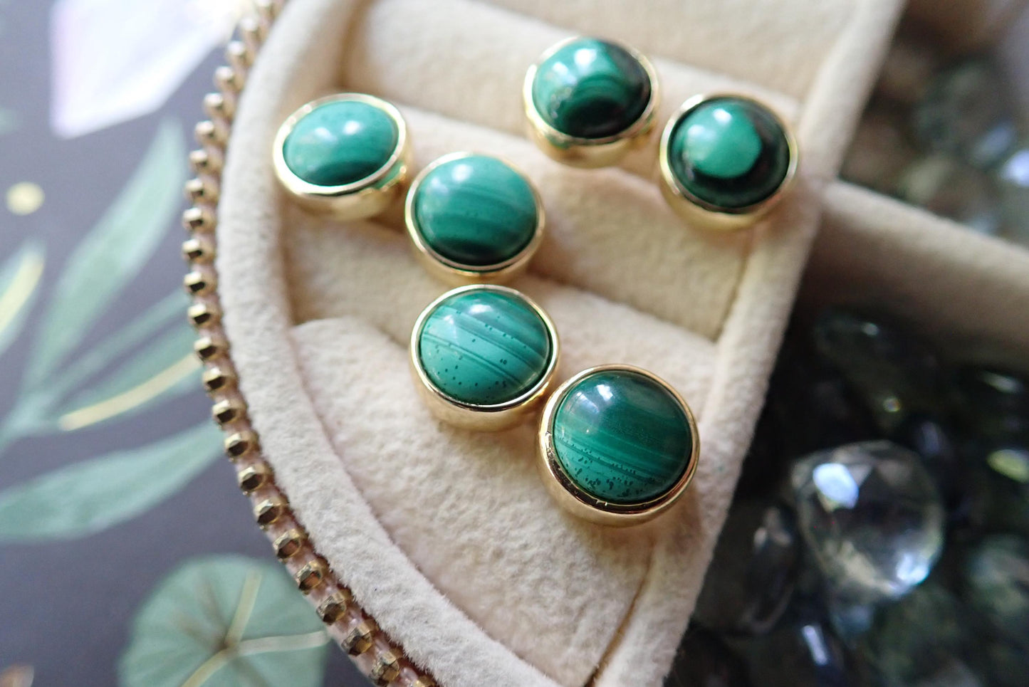 Genuine Malachite Stud Earrings – Fancy 14k Gold Bezel, Minimalist Gemstone Jewelry