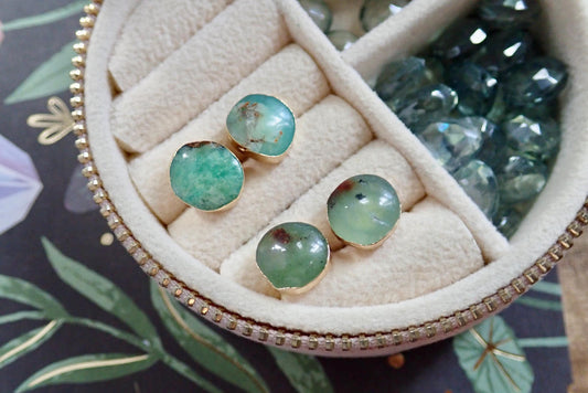 Green Chrysoprase Earrings – 14K Gold Electroplated Gemstone Stud Earrings – Handmade Gift for Her