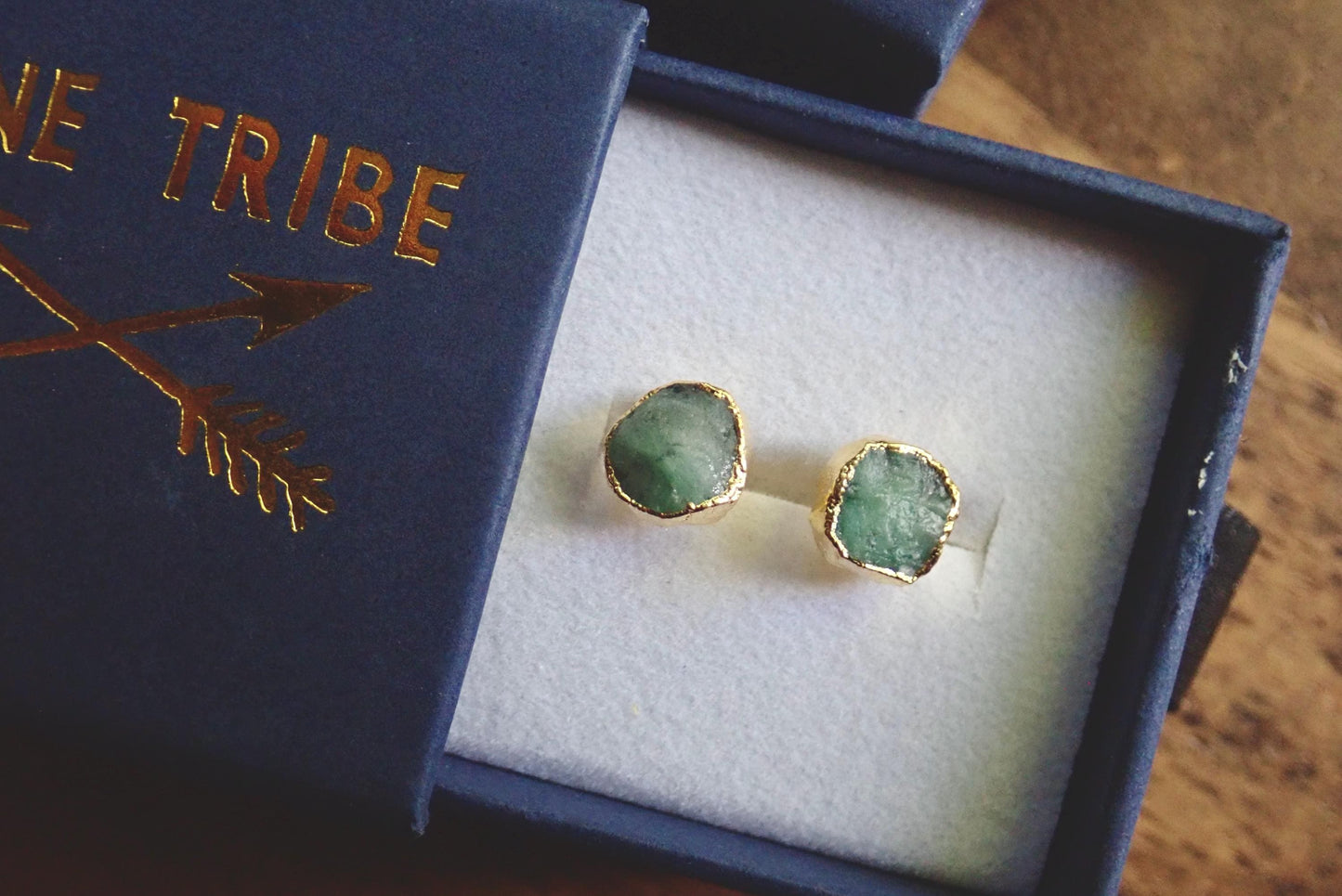 Raw Emerald Stud Earrings Electroplated in 14k Gold - NaturalGemstone Jewelry - May Birthstone Gift