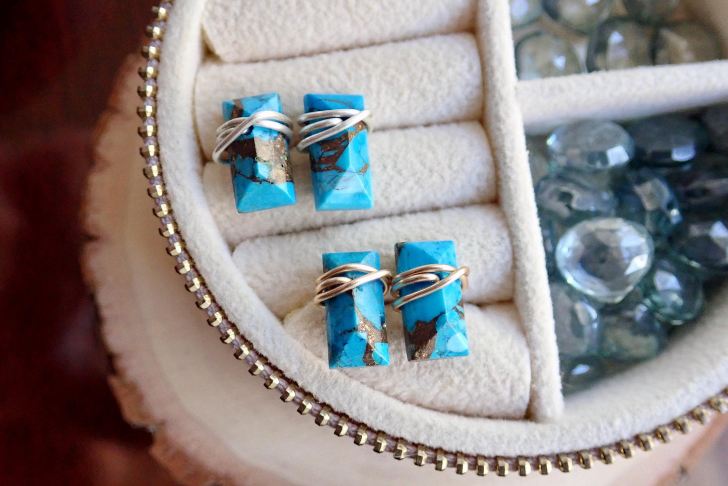 Turquoise Stud Earrings Gold Sterling Silver, Rectangle Stone Posts, Copper Turquoise Bar Earrings,Wire Wrap Stud Earrings,Turquoise Jewelry