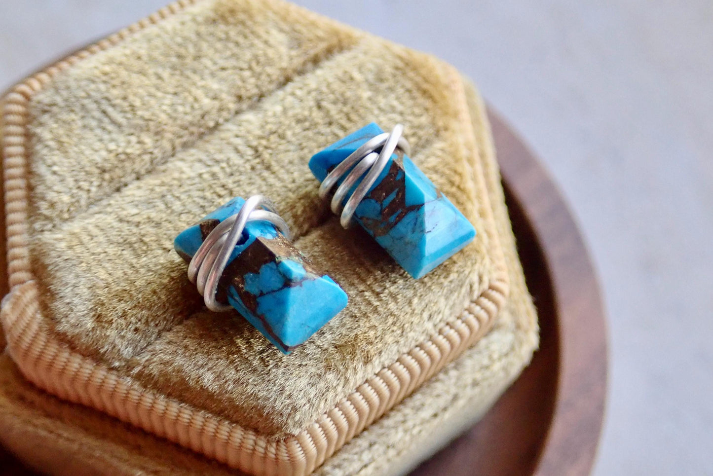 Turquoise Stud Earrings Gold Sterling Silver, Rectangle Stone Posts, Copper Turquoise Bar Earrings,Wire Wrap Stud Earrings,Turquoise Jewelry