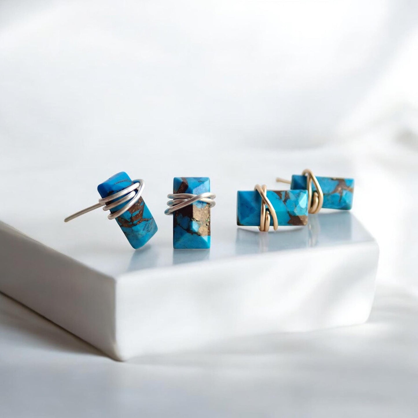 Turquoise Stud Earrings Gold Sterling Silver, Rectangle Stone Posts, Copper Turquoise Bar Earrings,Wire Wrap Stud Earrings,Turquoise Jewelry