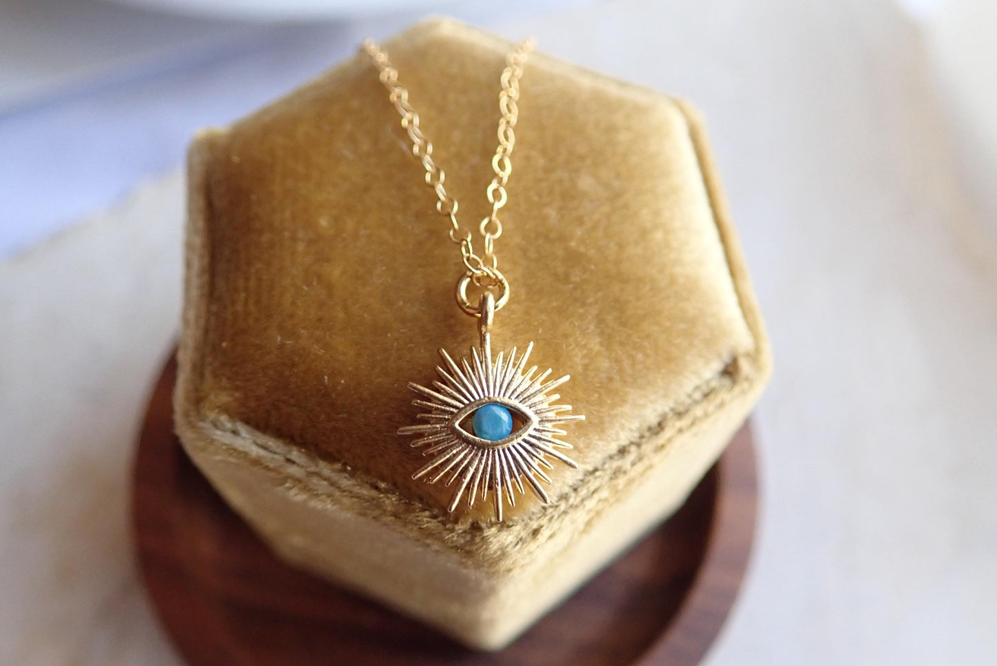 Gold Turquoise Evil Eye Necklace – Sunburst Pendant for Everyday Magic, Dainaty Medallion Necklace