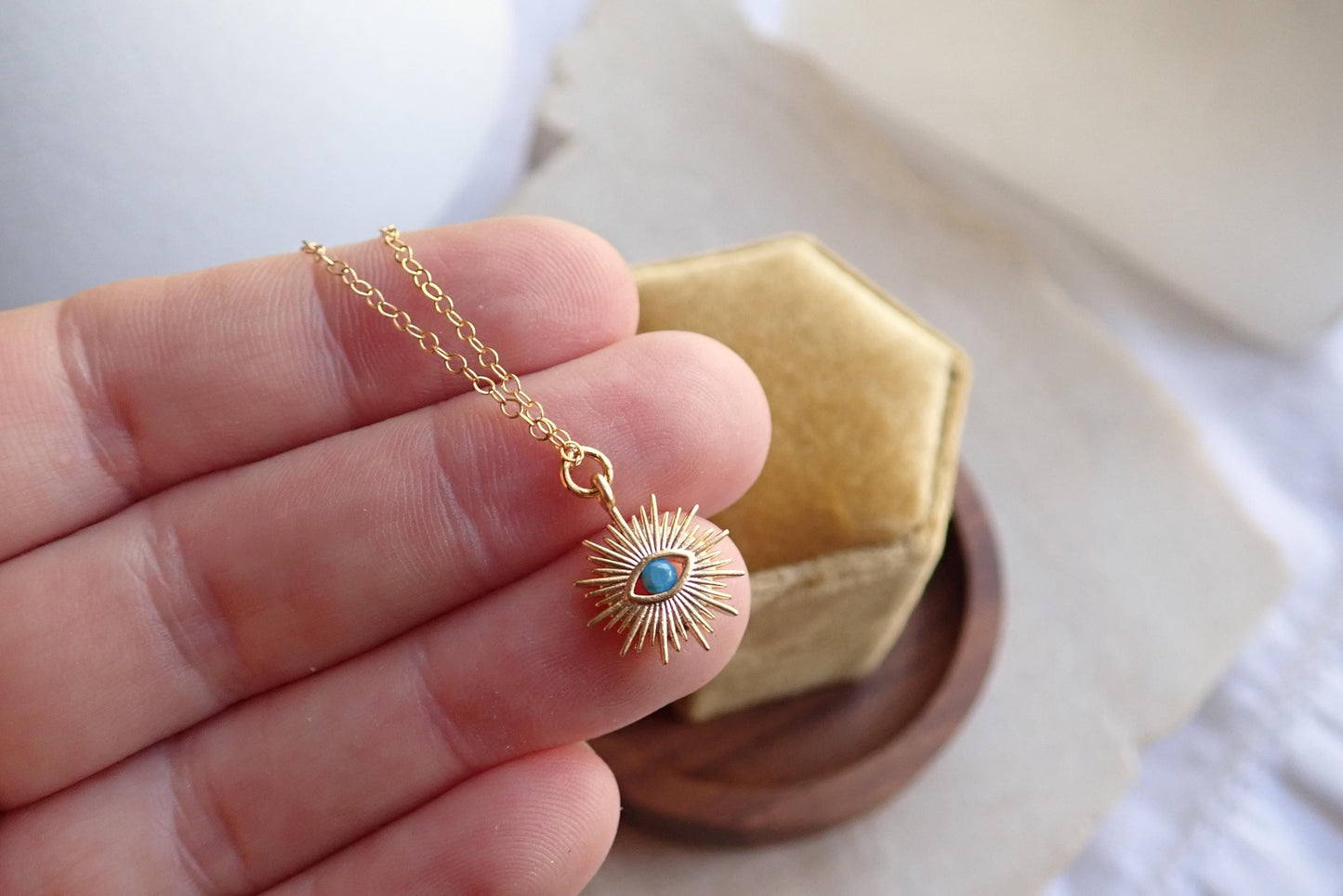 Gold Turquoise Evil Eye Necklace – Sunburst Pendant for Everyday Magic, Dainaty Medallion Necklace