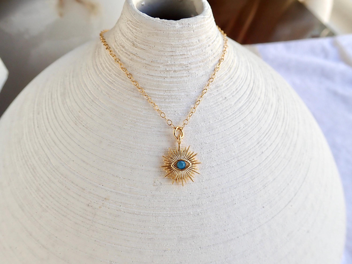 Gold Turquoise Evil Eye Necklace – Sunburst Pendant for Everyday Magic, Dainaty Medallion Necklace