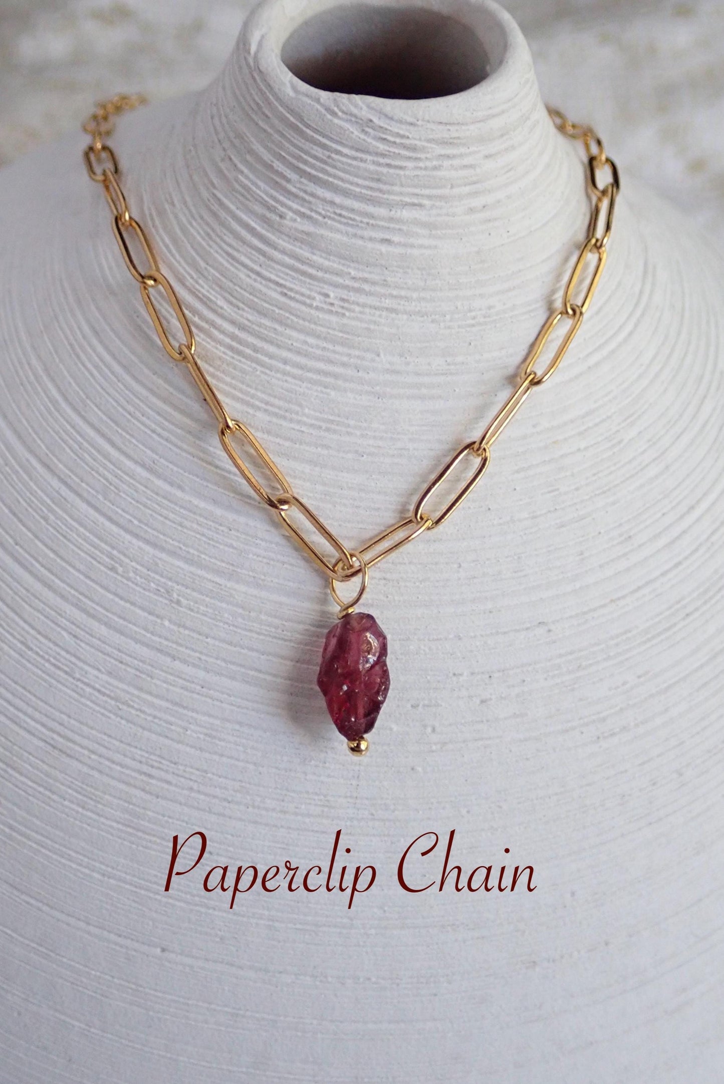 Dainty Raw Garnet Waterproof Necklace in 18k Gold | January Birthstone Jewelry Gift, Natural Gemstone Pendant with Paperclip or Figaro Chain