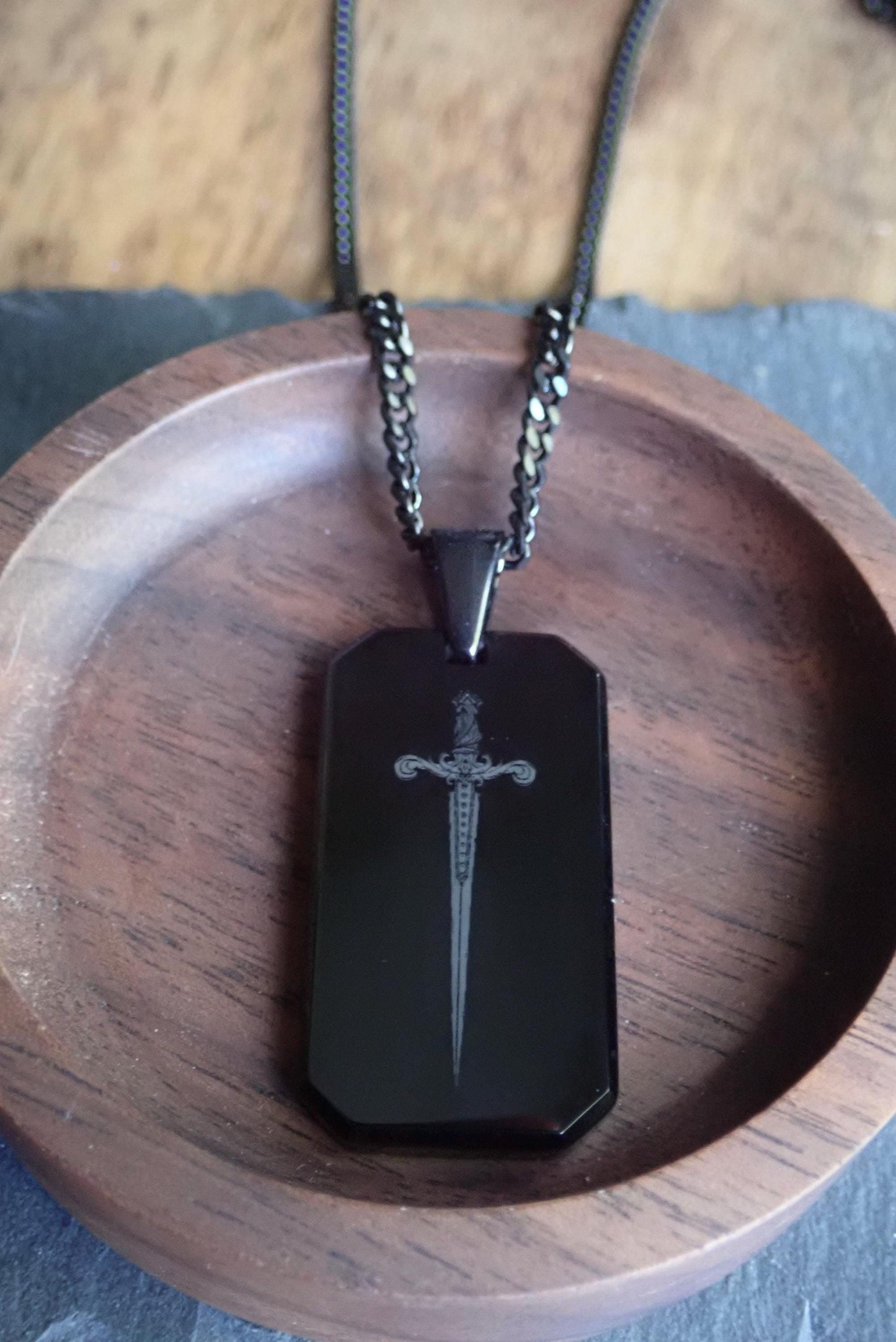 Men’s Black Stainless Steel Dog Tag Necklace – Sword Engraved Pendant with Cuban Chain – Shiny Laser Etched Warrior Jewelry