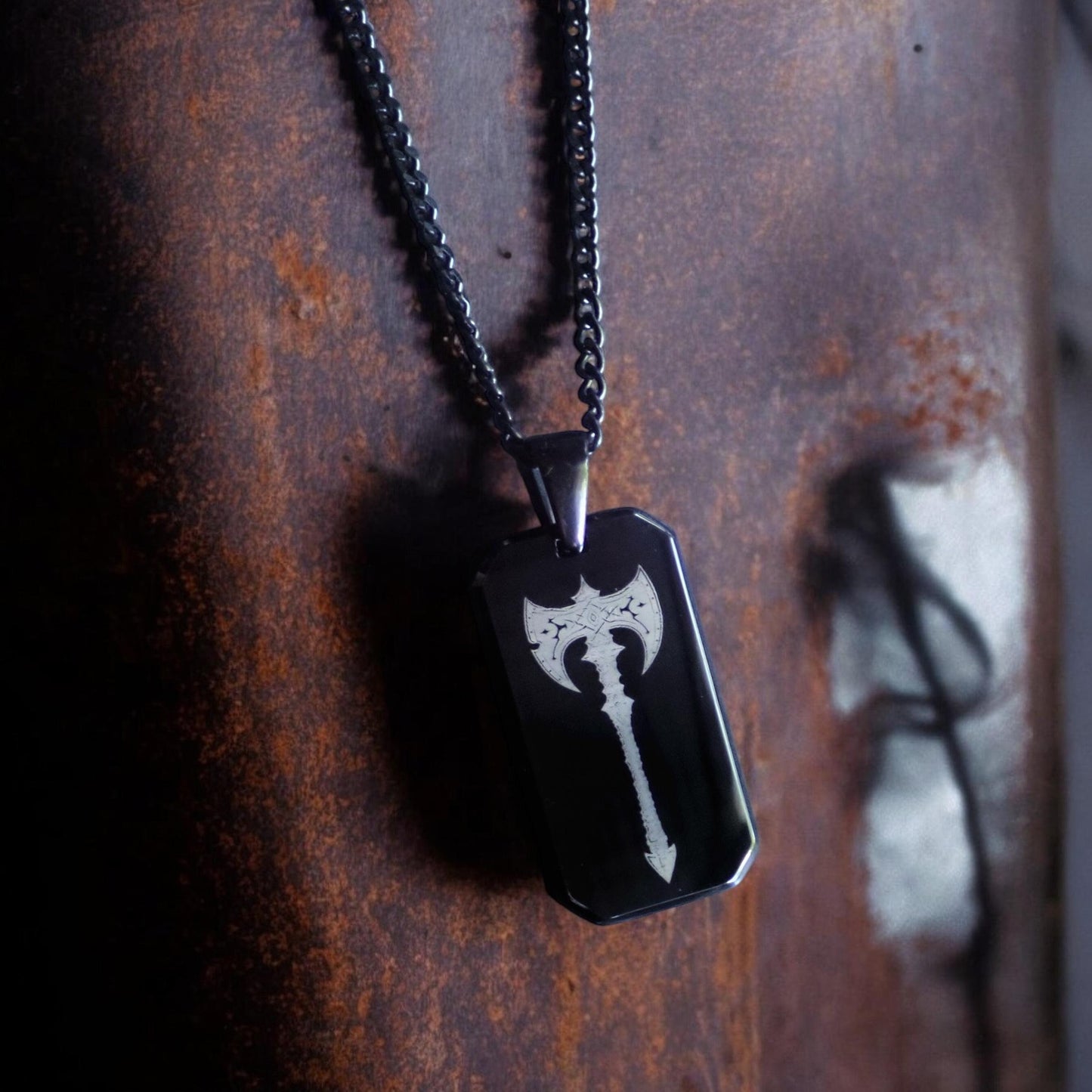 Men's Black Stainless Steel Dog Tag Necklace – Double-Sided Viking Axe Laser Engraved