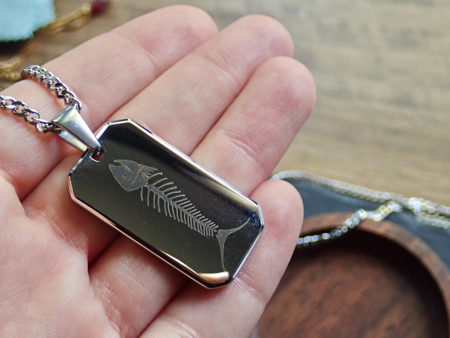 Men’s Stainless Steel Dog Tag Necklace – Fish Skeleton Engraved Pendant with Cuban Chain – Silver Fisherman Outdoorsman Chef Jewelry