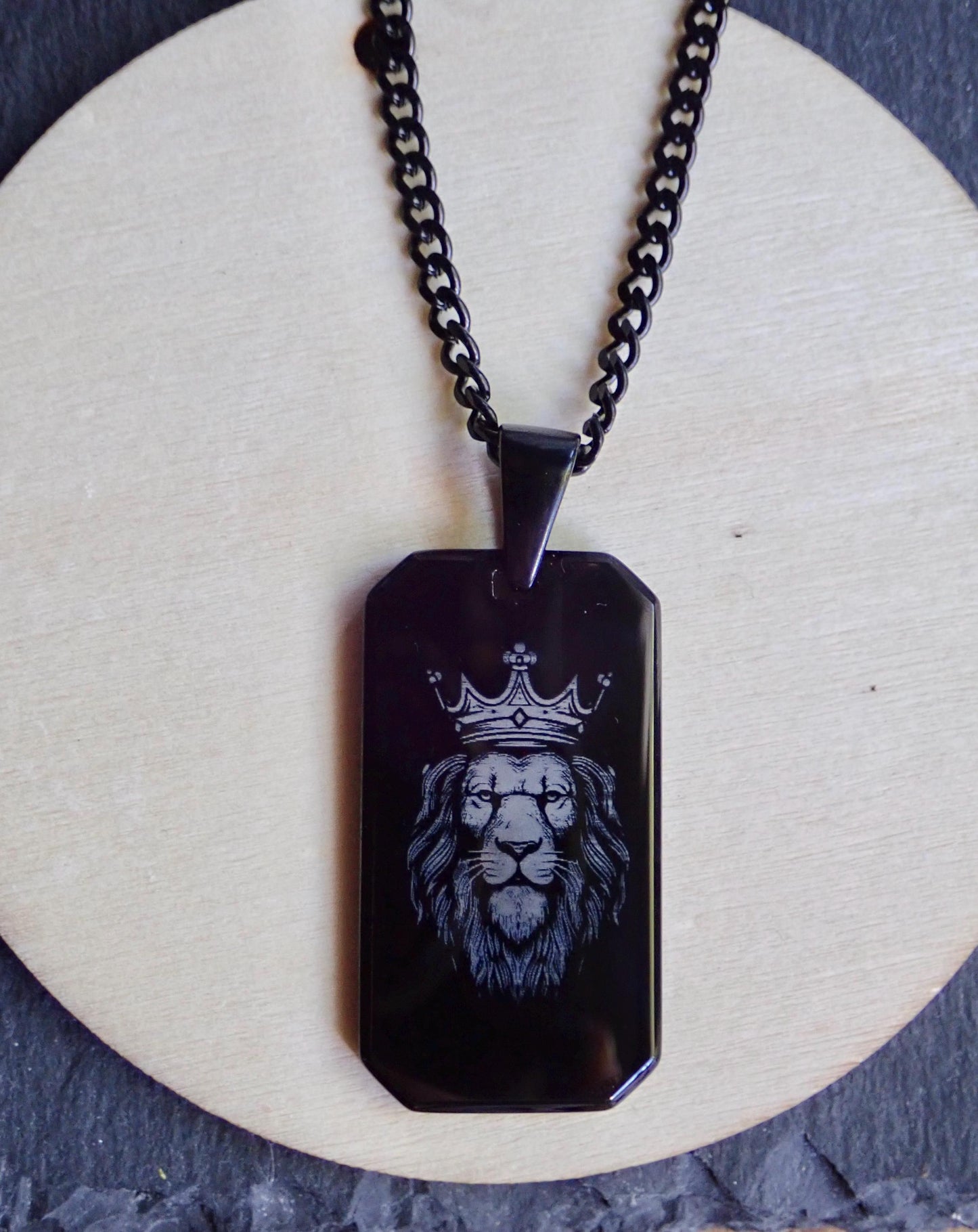 Black Stainless Steel Dog Tag Necklace – Crowned Lion Head Engraving - Lion King Necklace