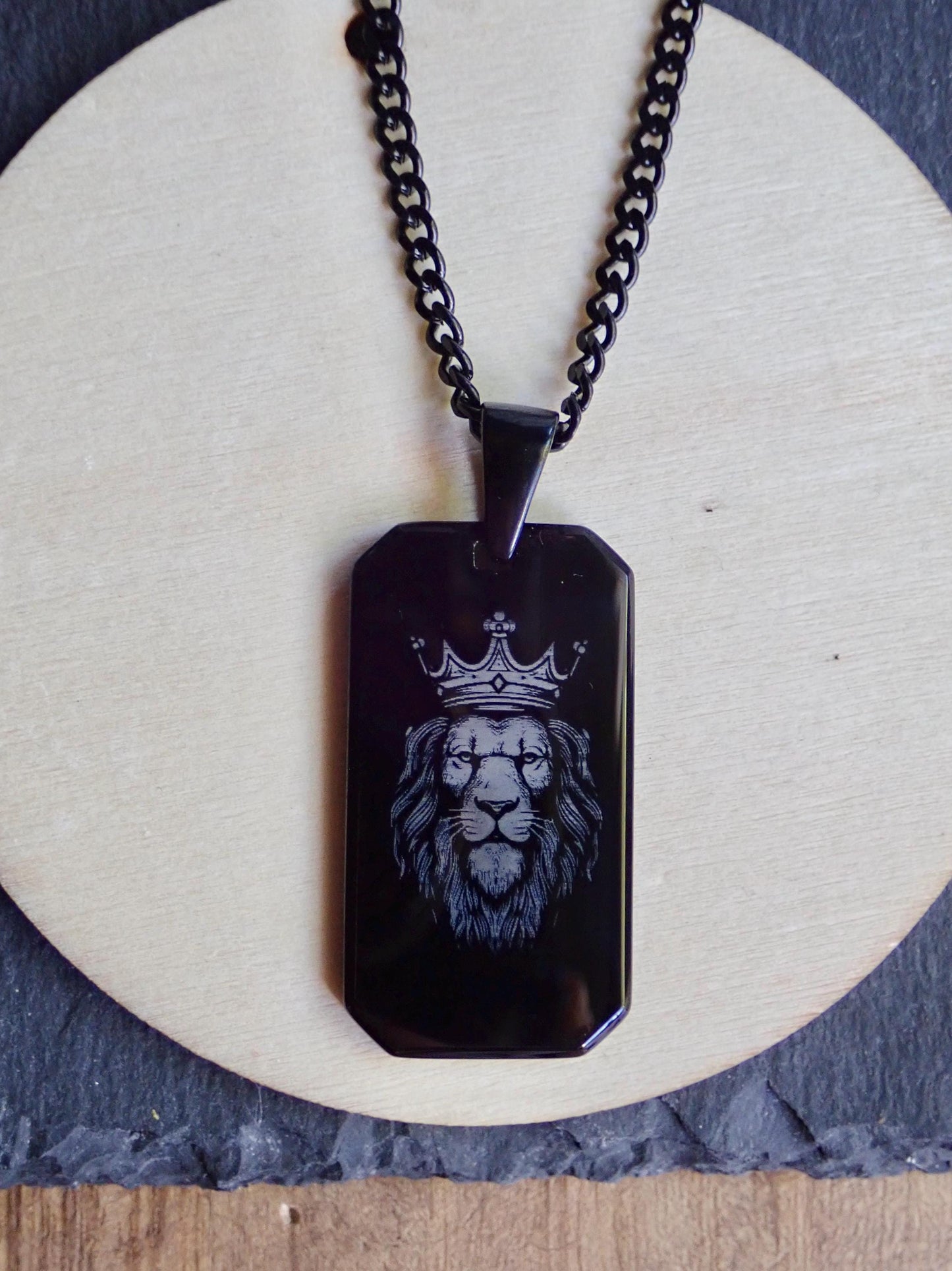 Black Stainless Steel Dog Tag Necklace – Crowned Lion Head Engraving - Lion King Necklace