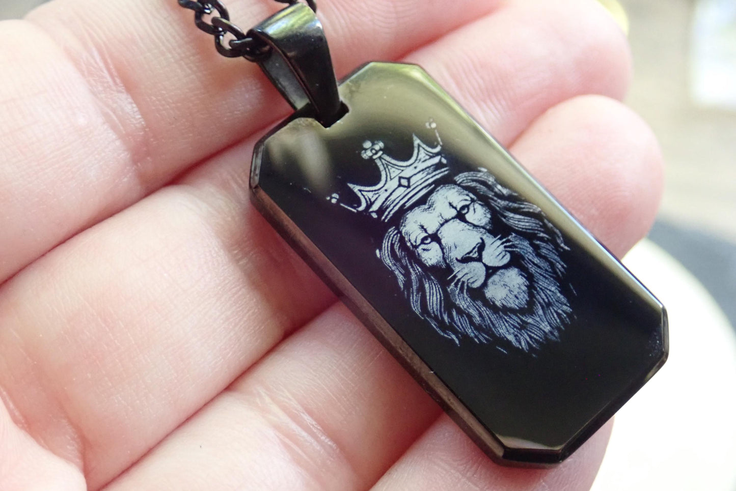 Black Stainless Steel Dog Tag Necklace – Crowned Lion Head Engraving - Lion King Necklace