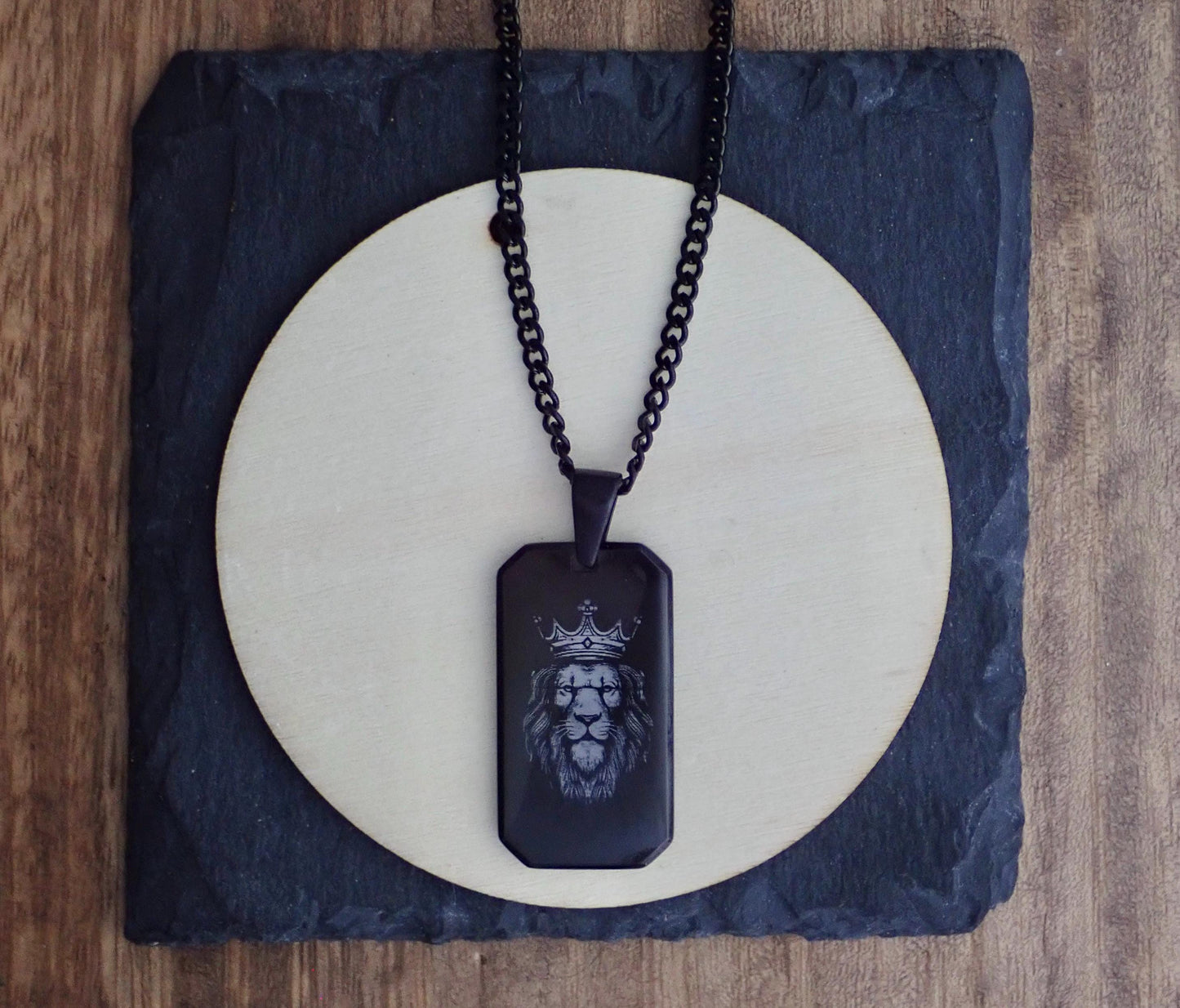 Black Stainless Steel Dog Tag Necklace – Crowned Lion Head Engraving - Lion King Necklace