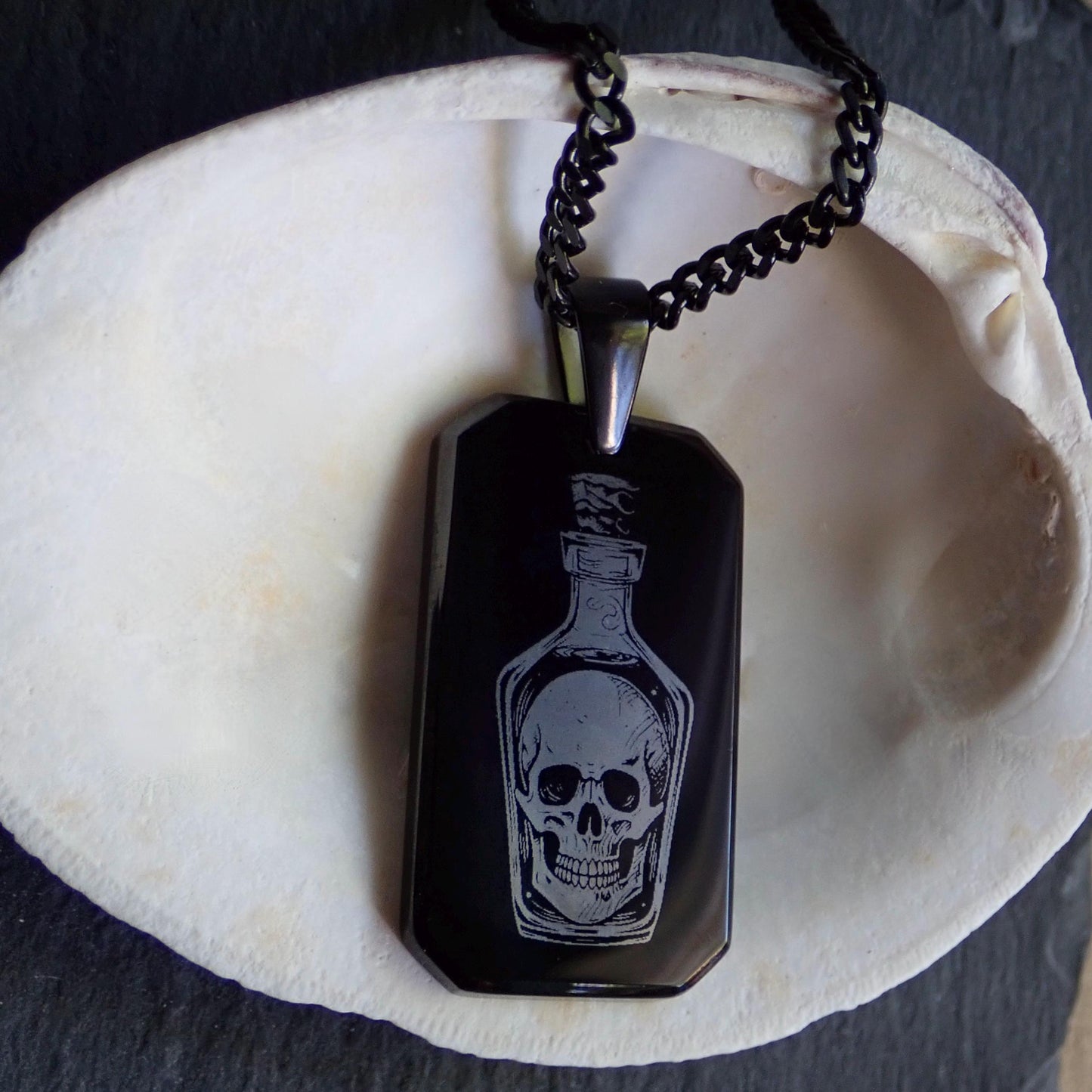 Mens Black Dog TagNecklace - Rum Bottle With Skull Pendant - Pirate Jewelry for Him