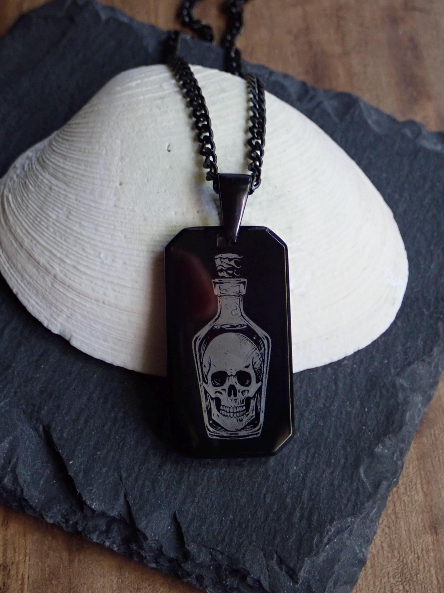 Mens Black Dog TagNecklace - Rum Bottle With Skull Pendant - Pirate Jewelry for Him