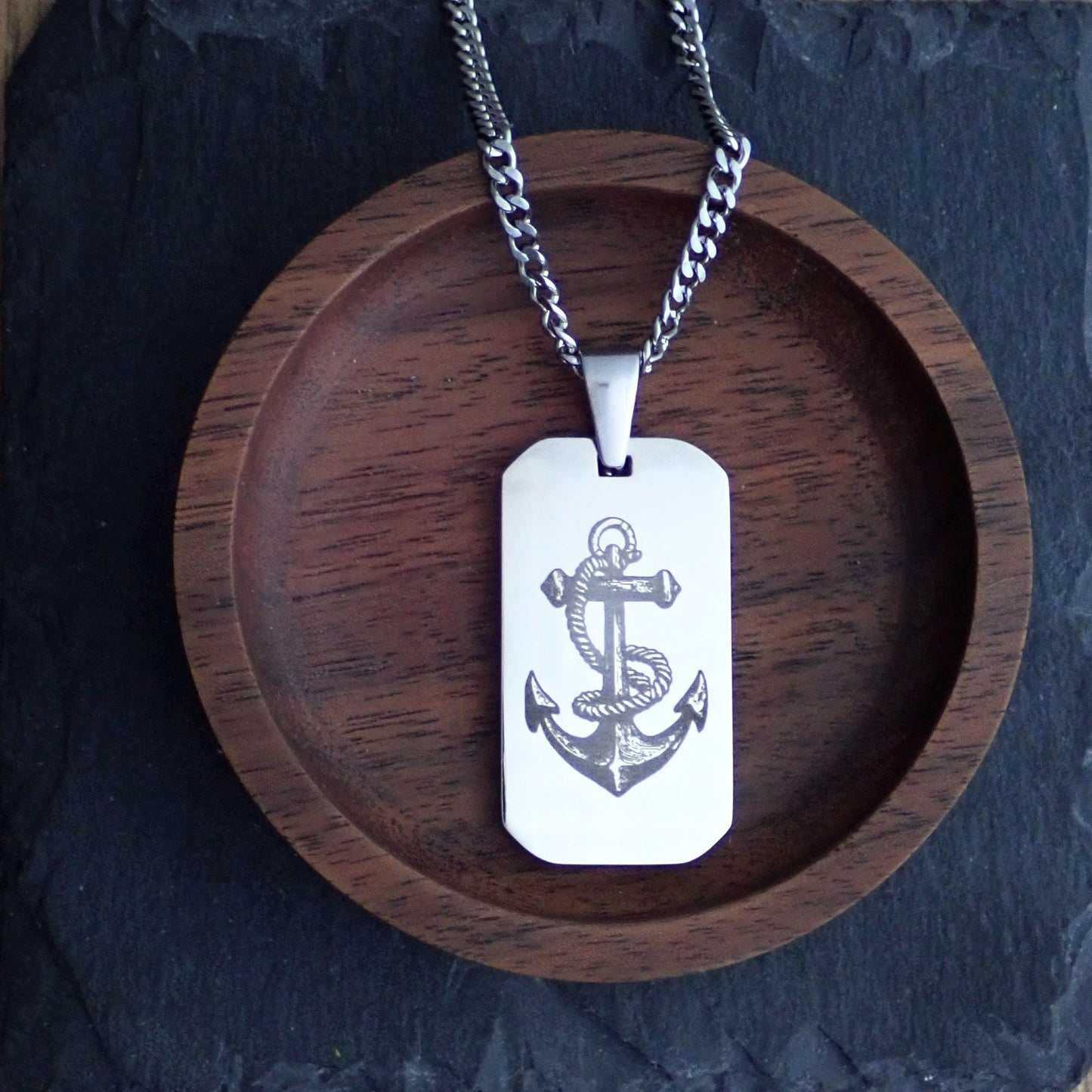 Men’s Silver Stainless Steel Dog Tag Necklace – Anchor Engraved Pendant - Nautical Gift for Men